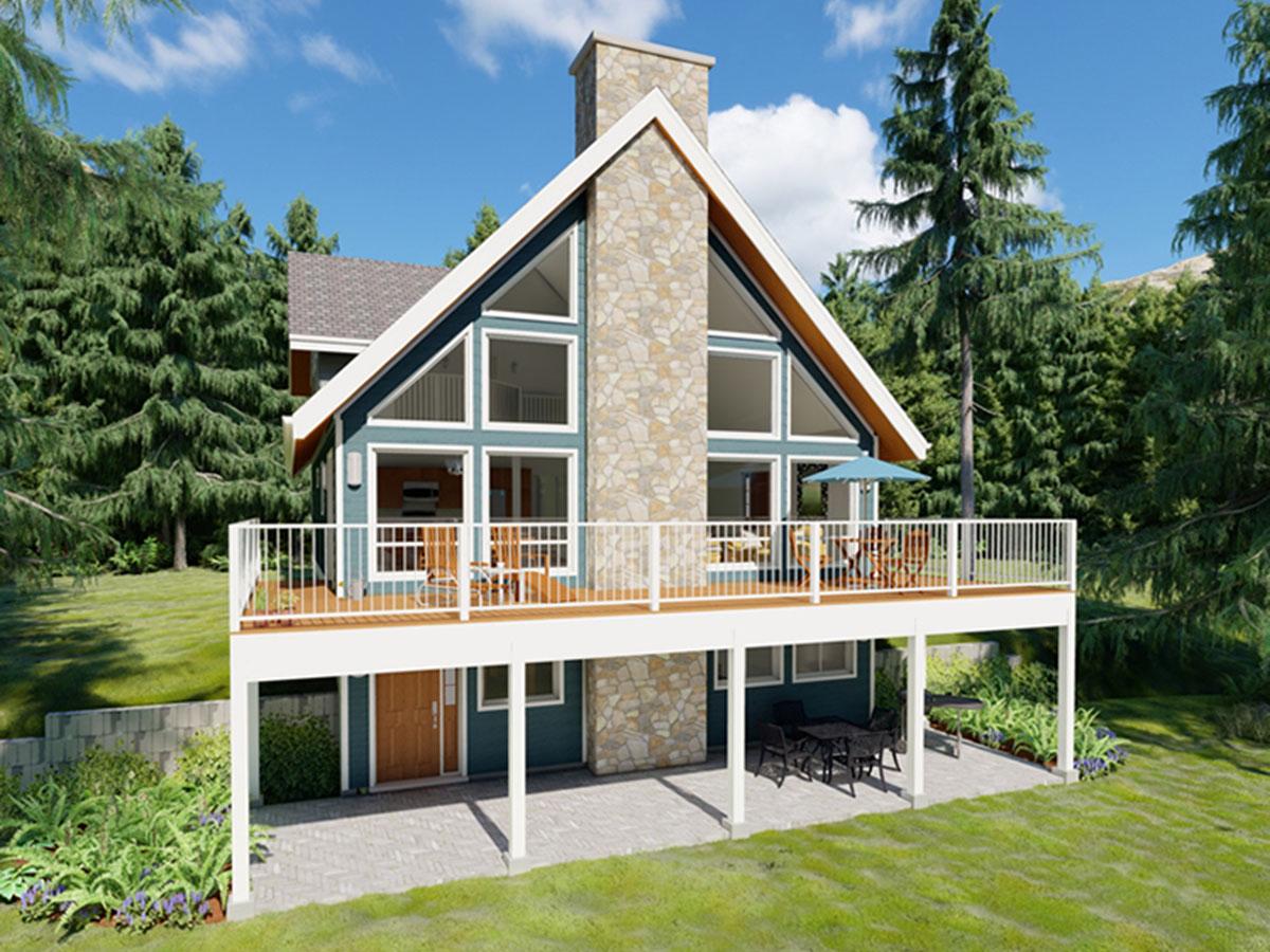 Modern mountain house plan exterior with stone chimney, deck, and large A-frame windows. Two stories visible.
