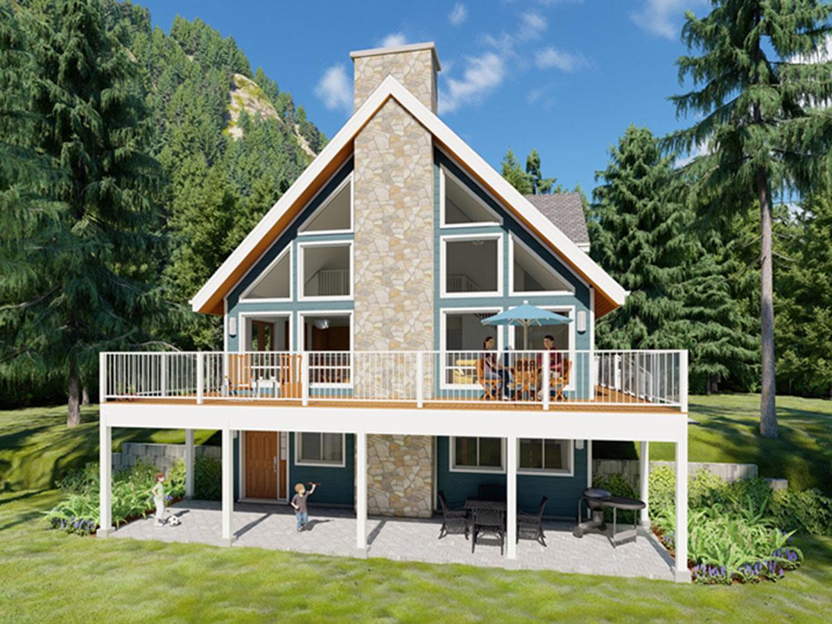 House plan exterior: two-story, A-frame house with a large deck, stone chimney, and prominent front gables with multi-pane windows.