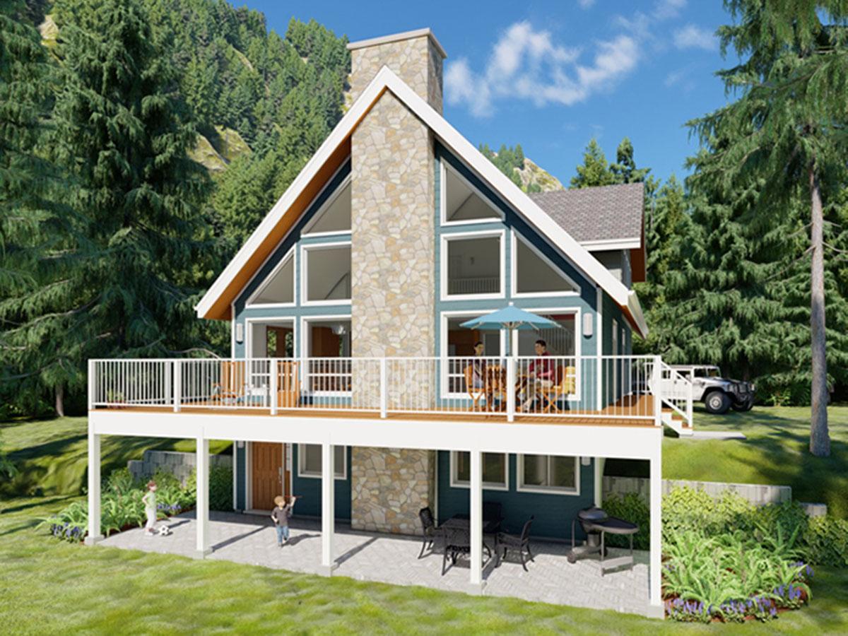 House plan exterior with A-frame gable, prominent stone chimney, and wraparound deck. Two stories visible.