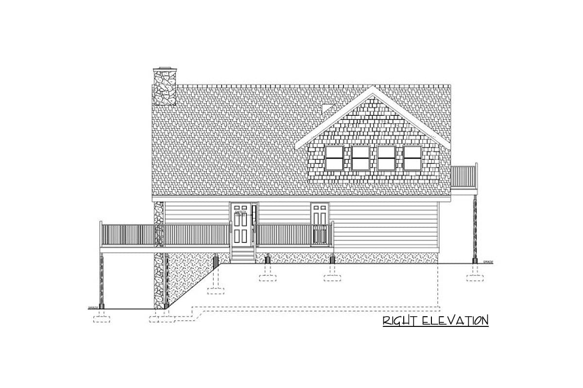 Right elevation house plan featuring a gabled dormer, stone chimney, siding, and a full-width porch with railing.