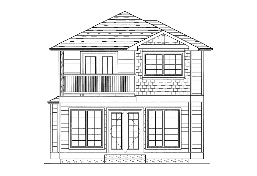House plan exterior: Two-story home with upper balcony, front-facing gables, and varied siding.