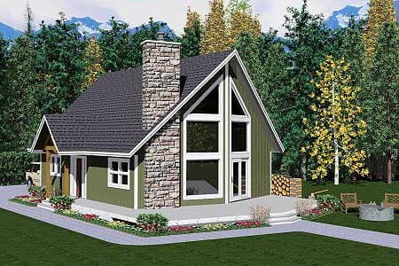 House plan exterior of a two-story modern A-frame home with a prominent stone chimney, gabled roof, and large vertical window.