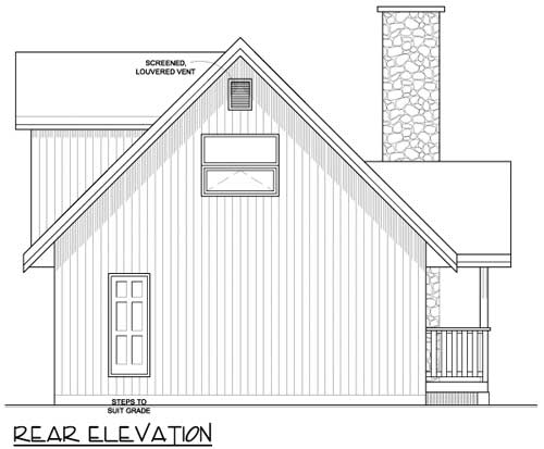 Rear elevation drawing of house with vertical siding, gabled roof, stone chimney, door, and small porch with railing.