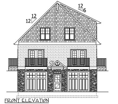 Front elevation drawing of a two-story house plan with stacked stone base, balconies, and a prominent gable roof.