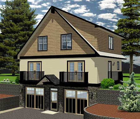 House plan exterior: Two-story design with gabled dormers, upper balconies, and a three-car garage.