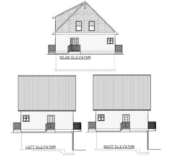 Rear, left, and right exterior elevation drawings of a house plan showing gabled roof, dormers, and exterior stairs.