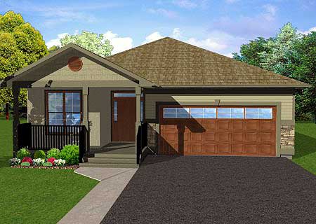 House plan exterior of a single-story home with a covered front porch, gable roof, and attached two-car garage.