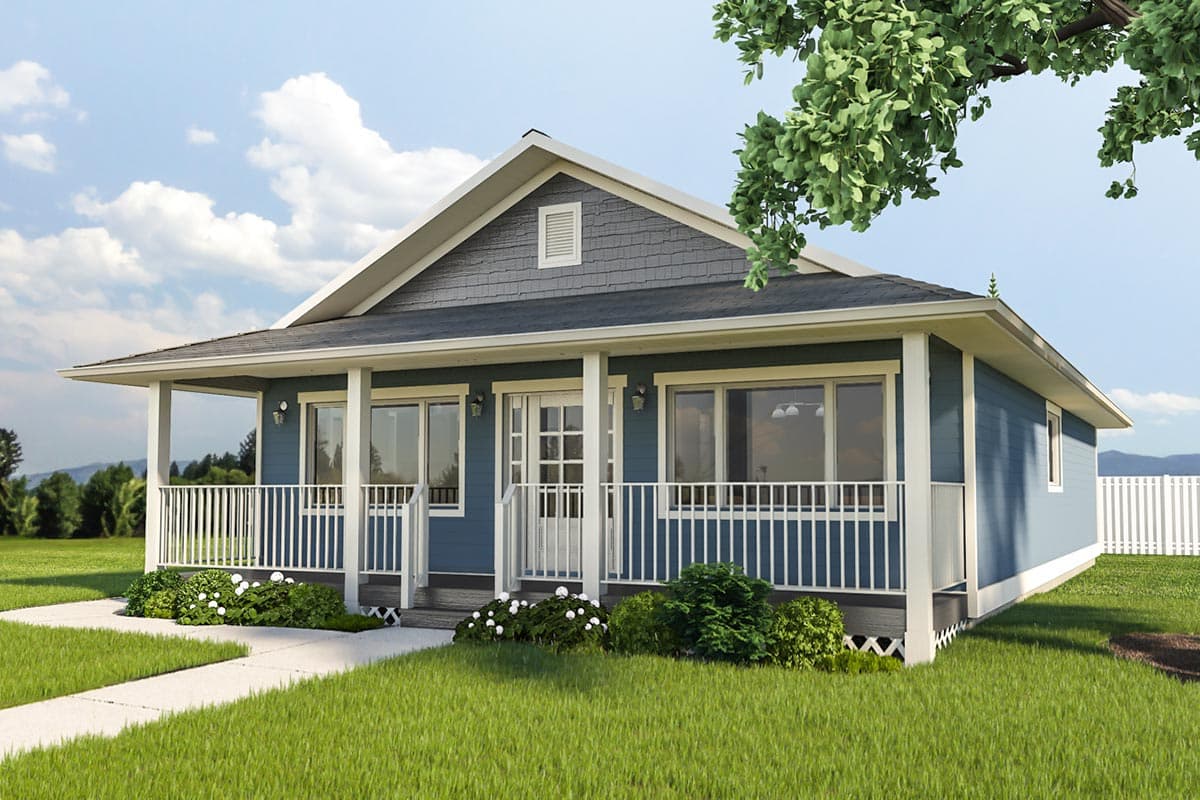 House plan exterior: Ranch style, one story with full-width front porch, white railings, and gabled roof.