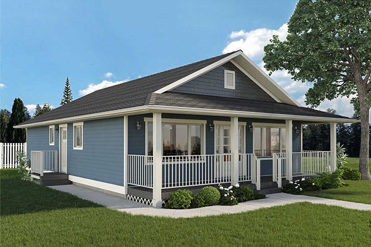 House plan exterior: single-story home with a wrap-around porch, siding, gabled roof, and multiple windows.