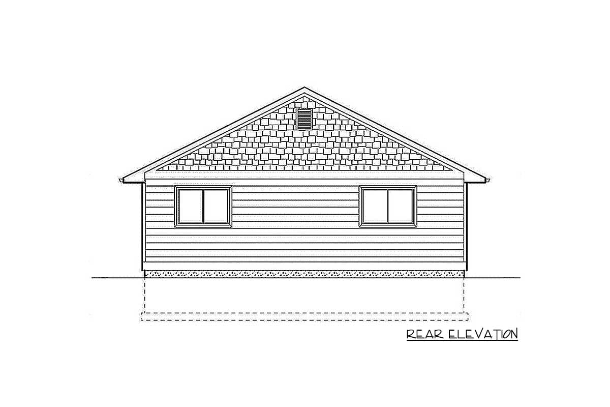 Rear elevation of a single-story house plan showing horizontal siding, two windows, and a gabled roof with shingle detail.