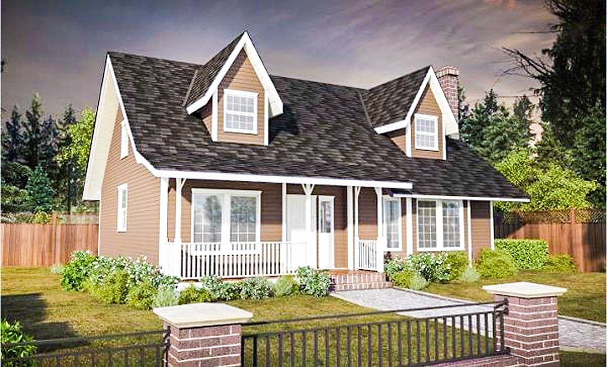 House plan exterior: Gable roof, front porch with white railing, and dormer windows.