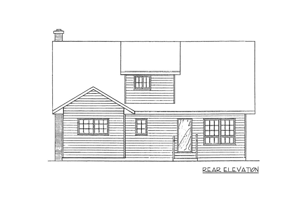 Rear elevation drawing of a house plan featuring a prominent gable, dormer, and chimney.