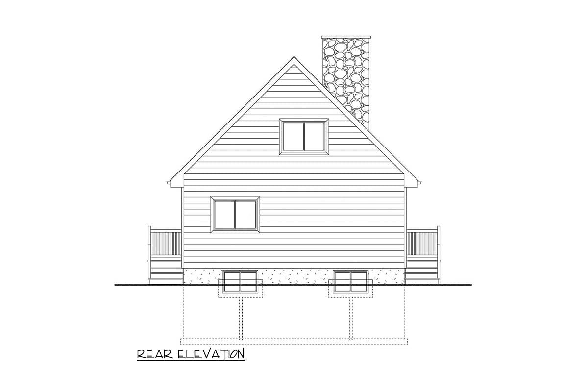 Rear elevation drawing of a two-story house plan with horizontal siding, a gable roof, a stone chimney, and two small basement windows.