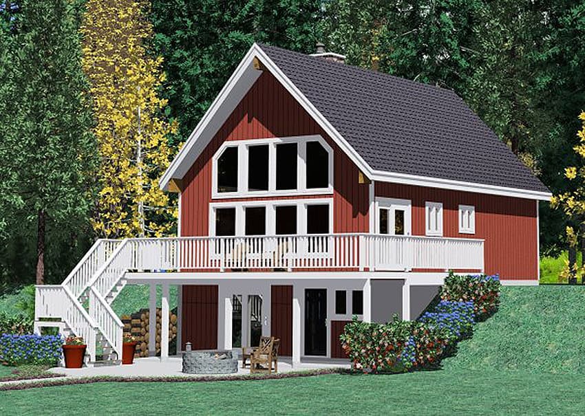 Red A-frame house plan with upper and lower decks, prominent gable dormer windows, and a prominent steeply pitched roof.