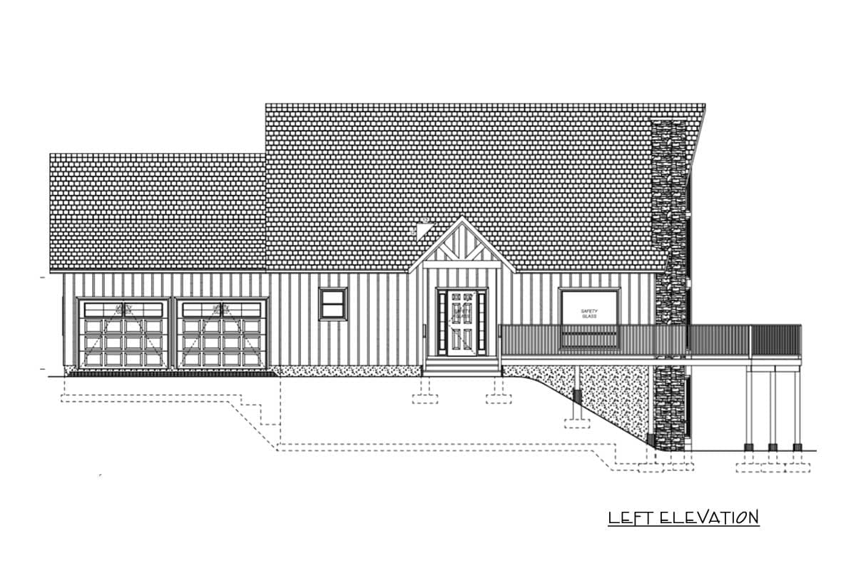 Left elevation drawing of a house plan with a two-car garage, gabled entry, and stone chimney.