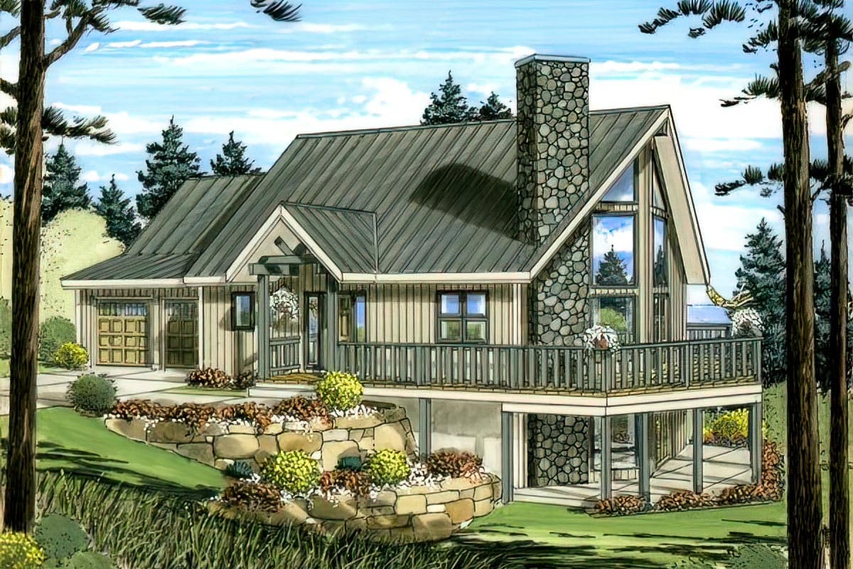 House plan exterior rendering of a two-story home with a prominent stone chimney, A-frame gable, and wraparound deck.