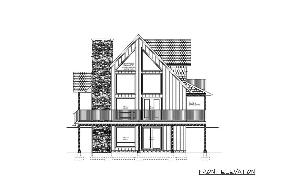 Front elevation drawing of a house plan with stone chimney, board and batten siding, and multiple window types including trapezoid.