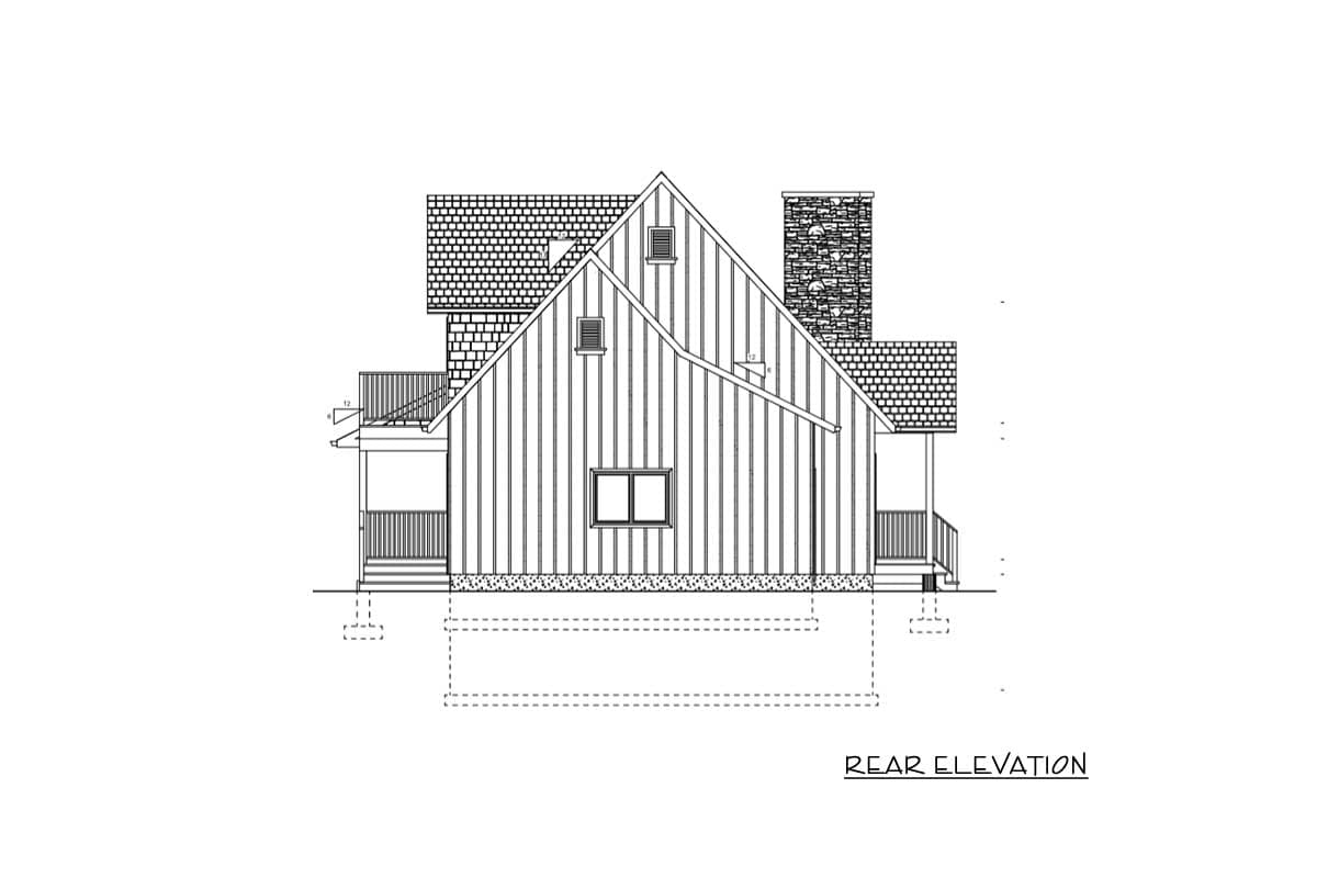 Rear elevation drawing of a house plan featuring vertical siding, gables, a prominent stone chimney, and covered porches.