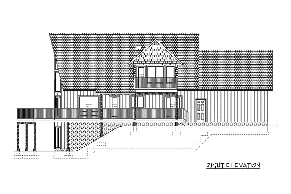 Right elevation house plan showing a multi-level structure with a deck, pitched roof, gables, and vertical siding.