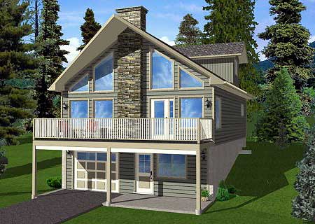 House plan exterior: Two-story home with a prominent stone chimney, large triangular upper windows, and a wrap-around deck over a two-car garage.