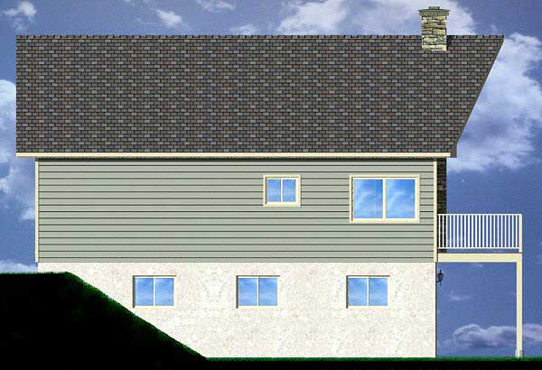 House plan exterior: two-story home with horizontal siding, white deck, and stone chimney.