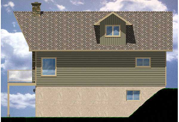 House plan exterior view showing a multi-story home with gabled dormer, stone chimney, and raised deck.
