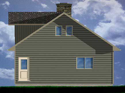 House plan exterior showing a two-story home with a prominent gable, stone chimney, and vinyl siding.