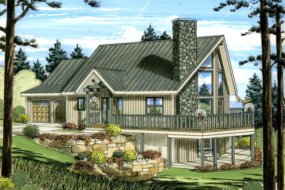House plan exterior featuring a prominent stone chimney, metal roof, covered porch, and attached garage. 