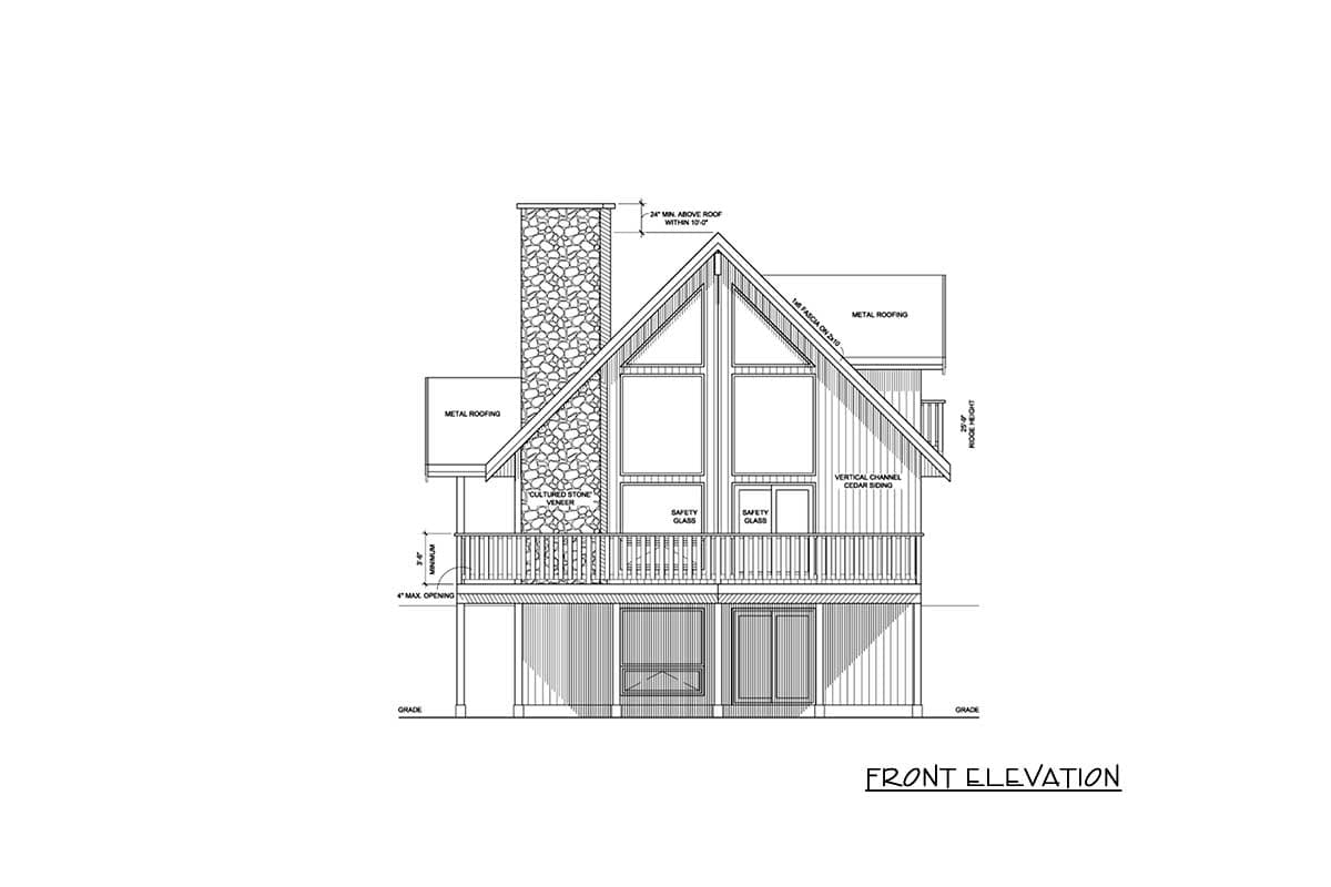 Front elevation of a house plan featuring a large stone chimney, metal roofing, vertical cedar siding, and a deck.