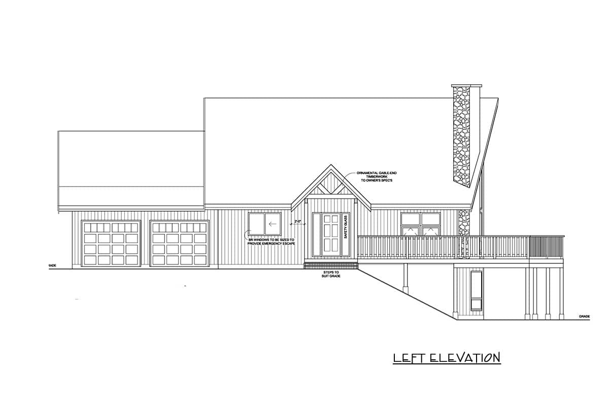 Left elevation house plan with two garage doors, a covered entry with ornamental gable-end timberwork, and a deck.