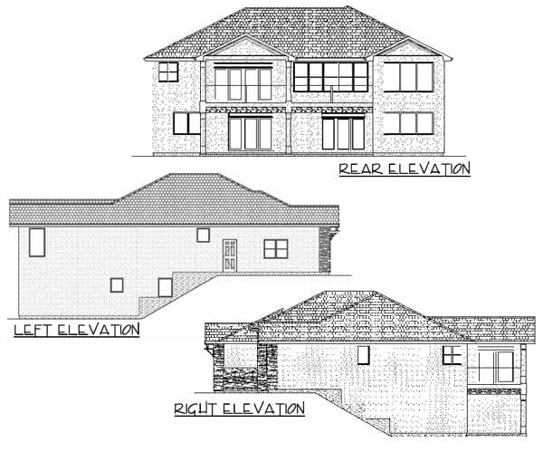 Architectural house plan elevations: rear, left, and right views showing multiple stories, balconies, and rooflines.