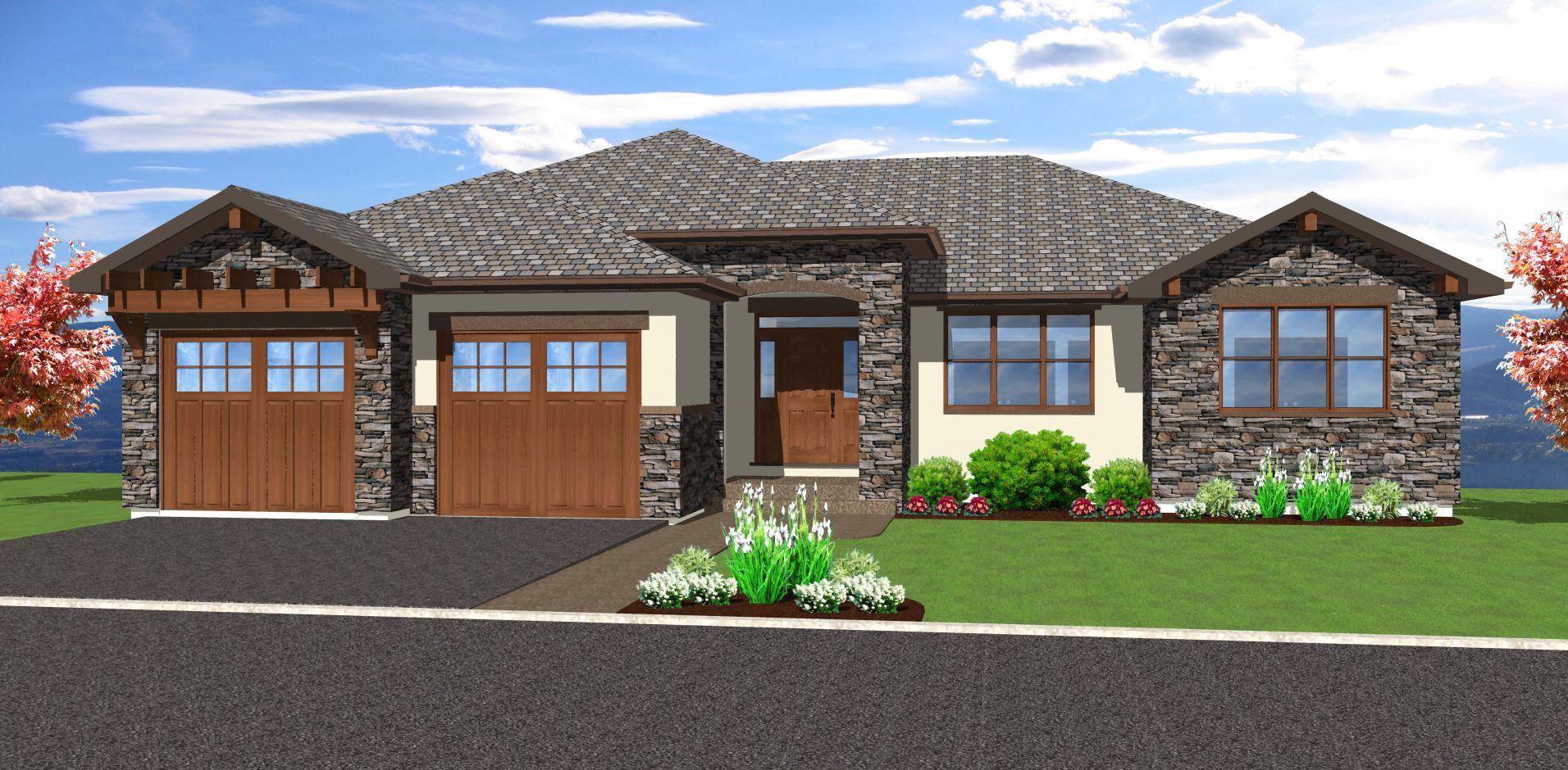 House plan exterior: Single-story Modern Farmhouse with stone accents, two garage doors, gabled dormers, and a covered entry.