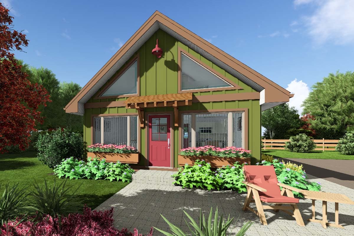 House plan exterior. Green siding, gabled roof with triangular window, and pergola-style entry. Includes window boxes, and a red door.