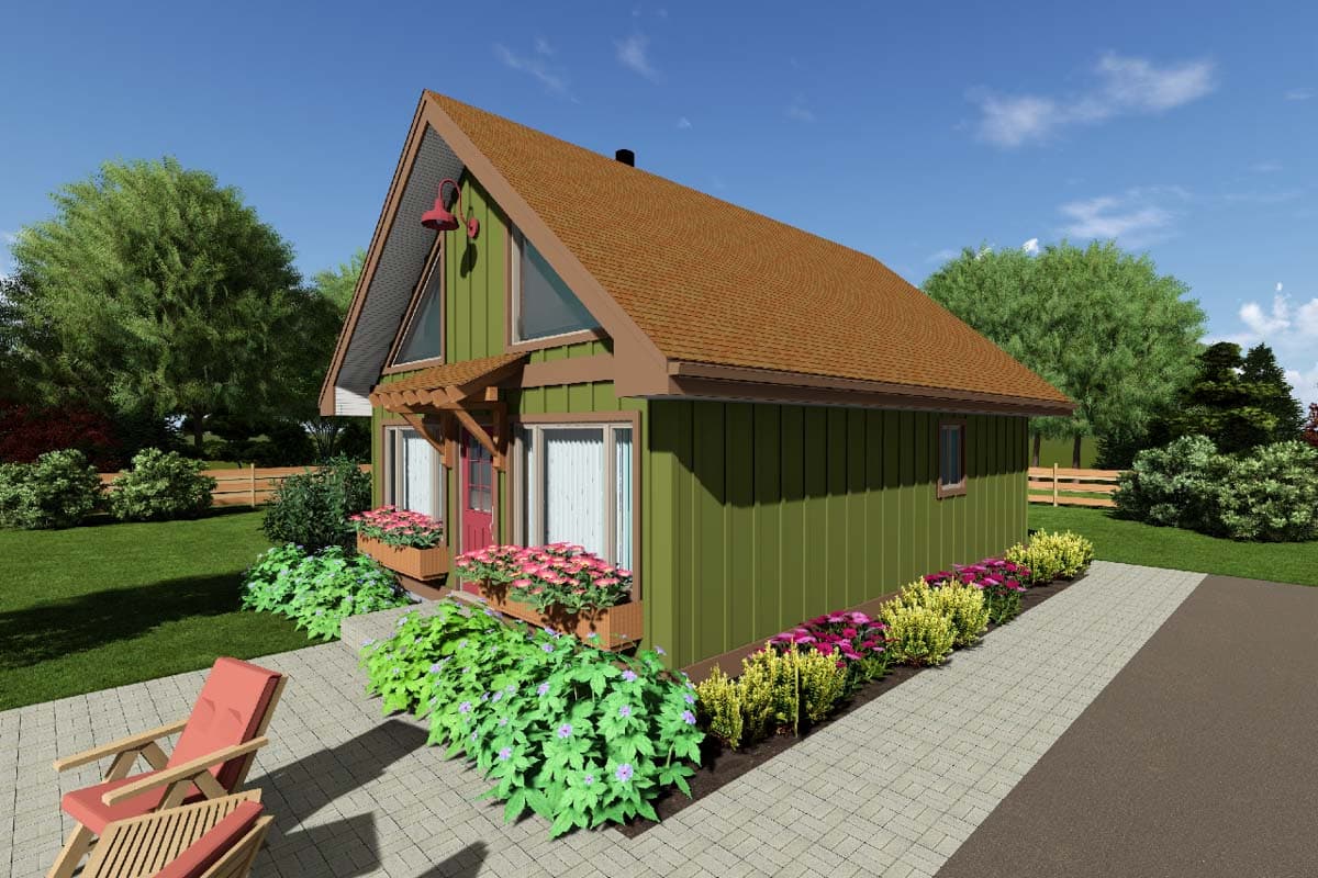 House plan exterior: Modern A-frame design with green vertical siding, brown roof, triangular gable windows, and a covered entry.