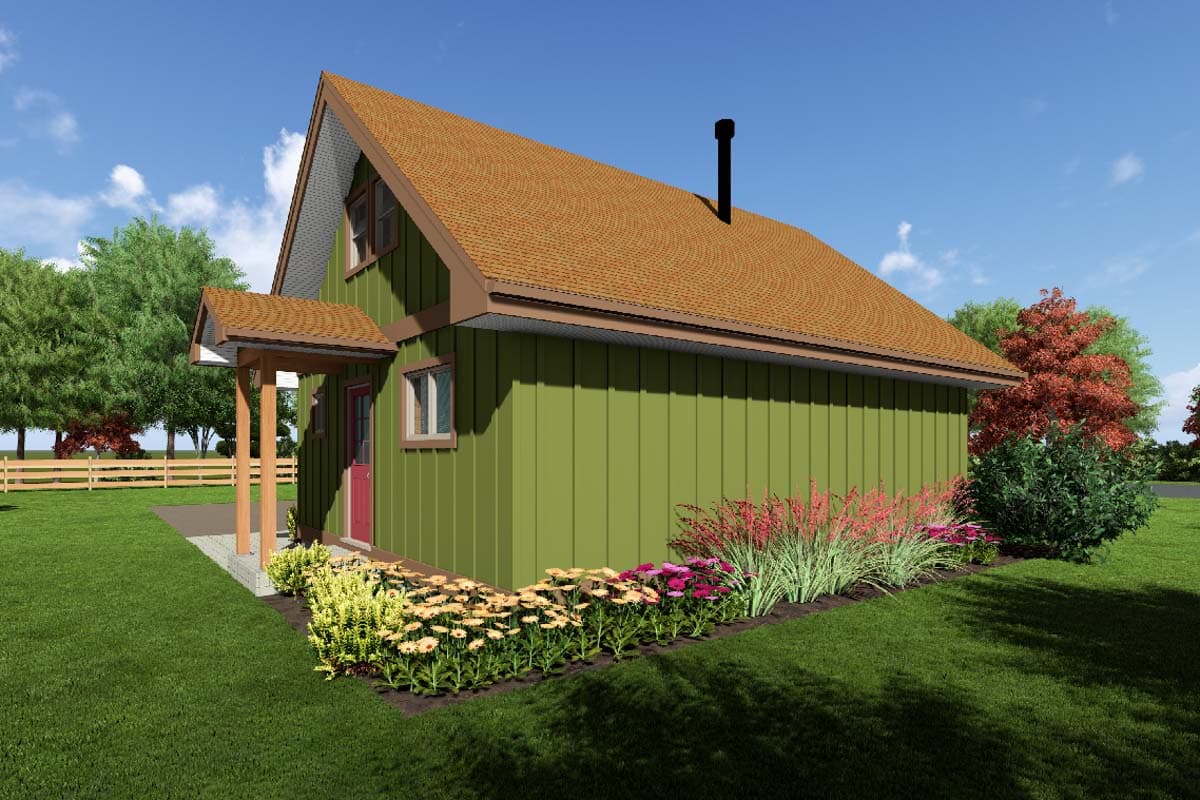 House plan exterior, one story, green vertical siding, prominent gable roof, and covered entry porch.