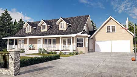 House plan exterior: One-story home with a full-width covered porch, three dormers, and an attached two-car garage.