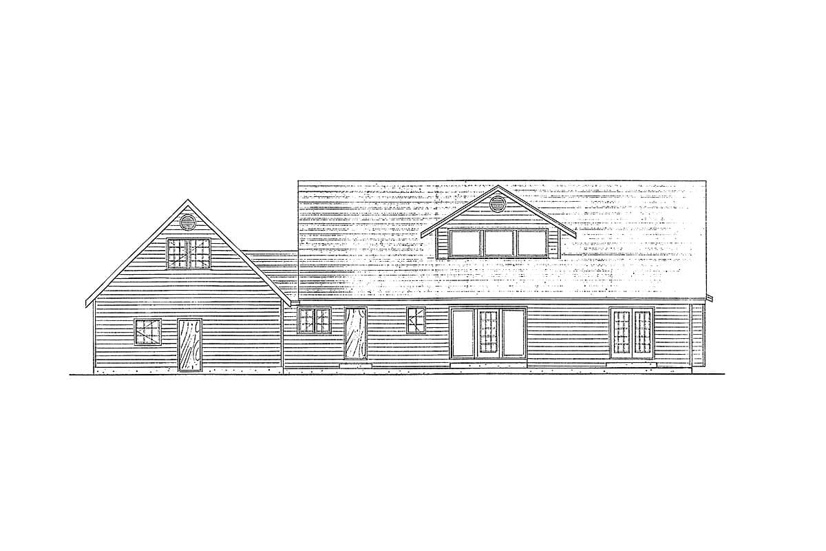 House plan exterior drawing of a two-story home with gables, dormer window, and multiple doors.