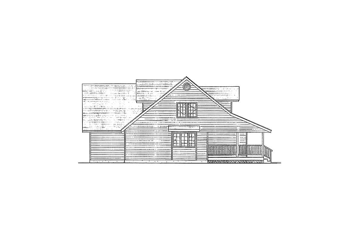 House plan exterior drawing of a two-story house with a prominent gable, covered front porch with railing, and horizontal siding.
