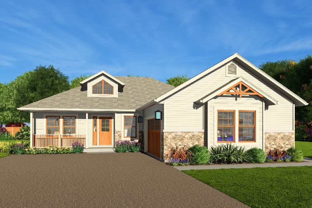 House plan exterior featuring a Craftsman style, single story, with dormer, porch, and stone accents. Attached garage, gable roof.