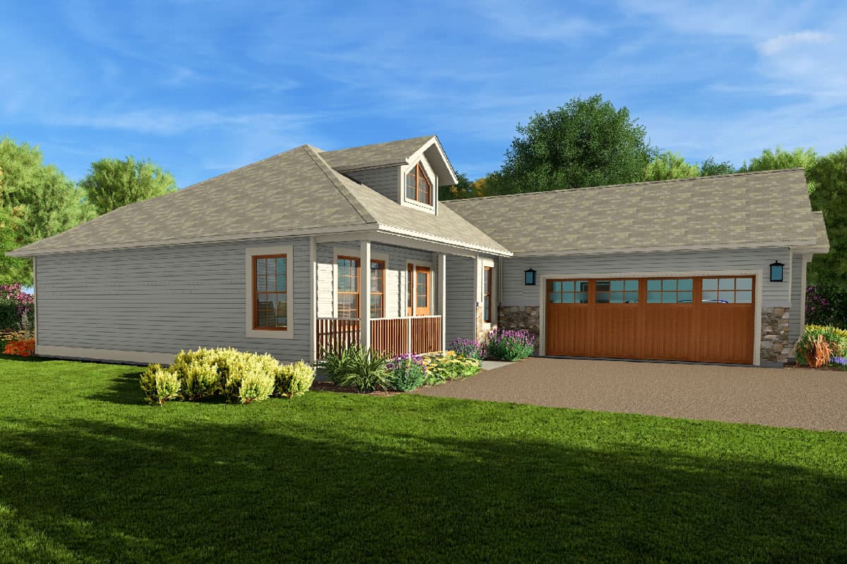 House plan exterior showing a 1.5-story home with a covered porch, dormer, and a two-car garage with wood doors.