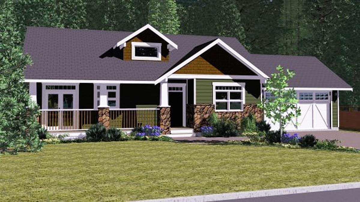 House plan exterior: Craftsman-style, 1.5 story with full front porch, stone accents, dormer, and attached two-car garage.
