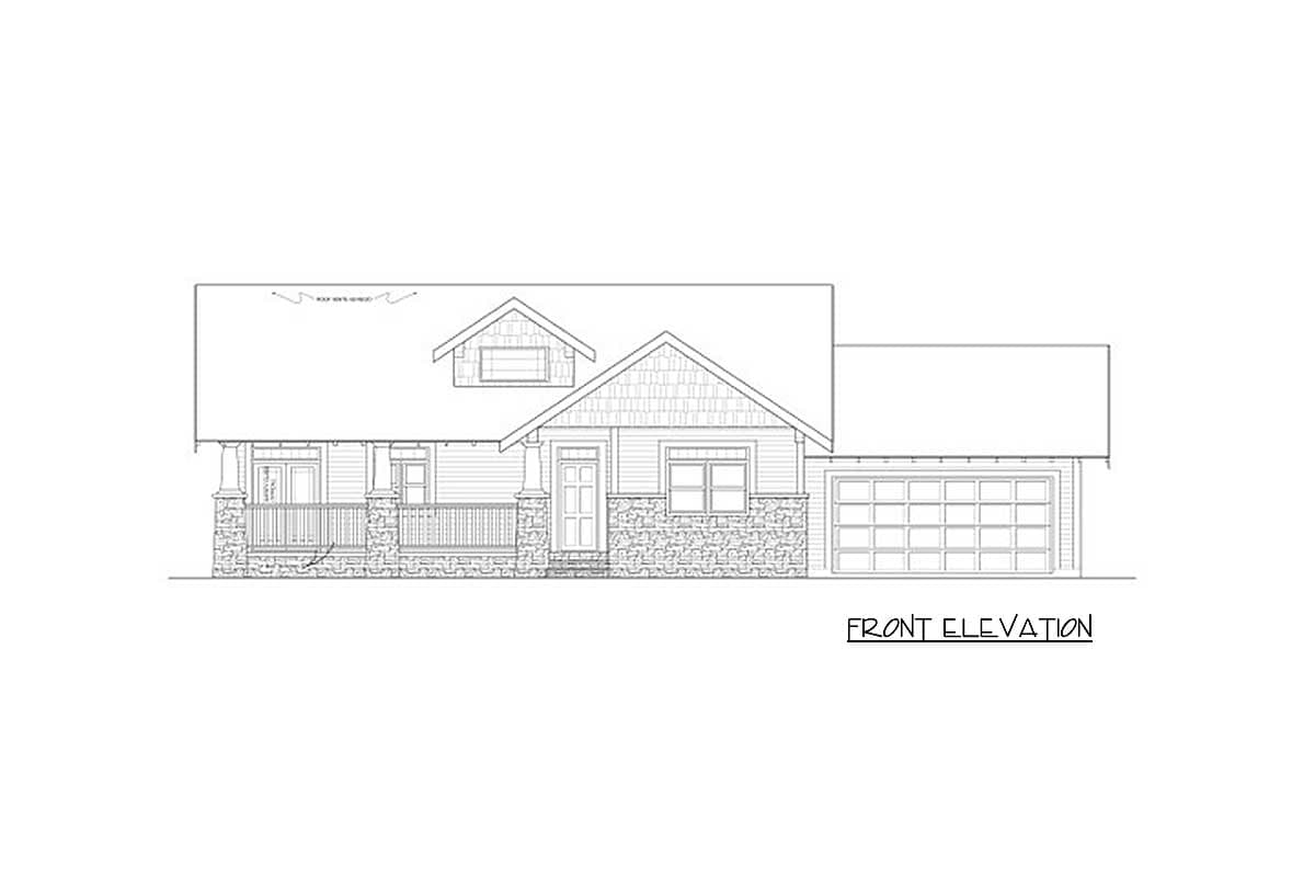 Front elevation drawing of a house plan with a covered porch, gables, stone accents, and an attached garage.