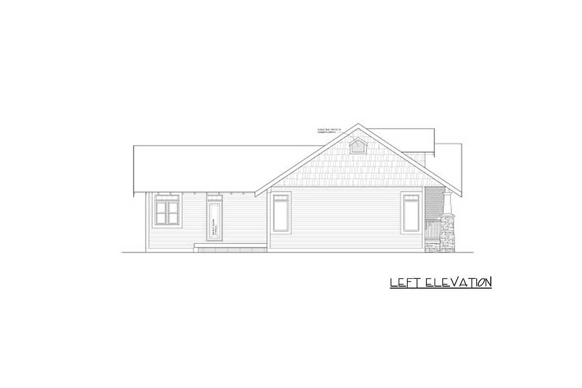 Left elevation house plan. Single-story, gable roof with dormer, siding, and stone-accented porch.