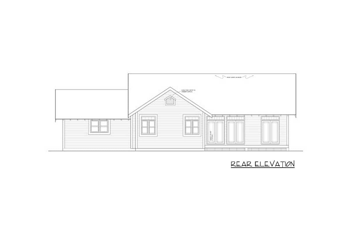 Rear elevation drawing of a house plan with double doors and multiple windows.