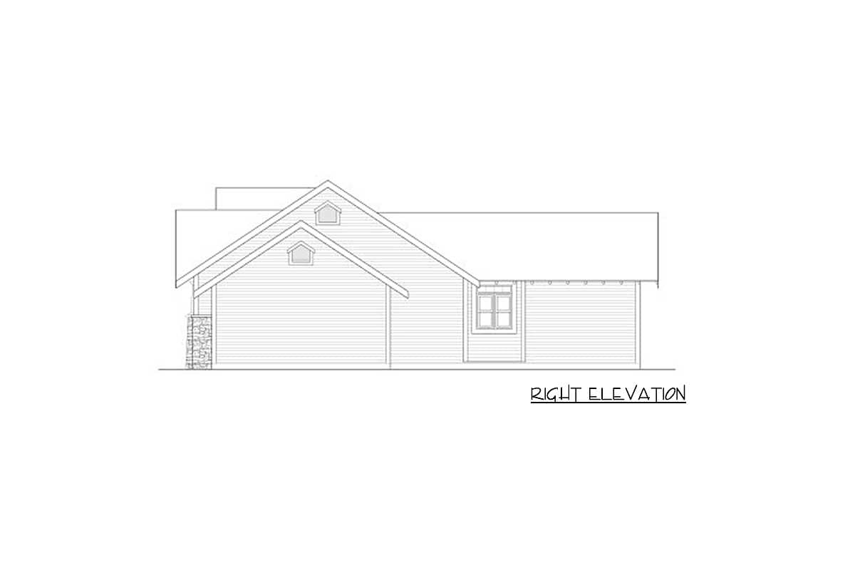 House plan right elevation drawing showing a pitched roof, two dormers, stone accents, and a garage.