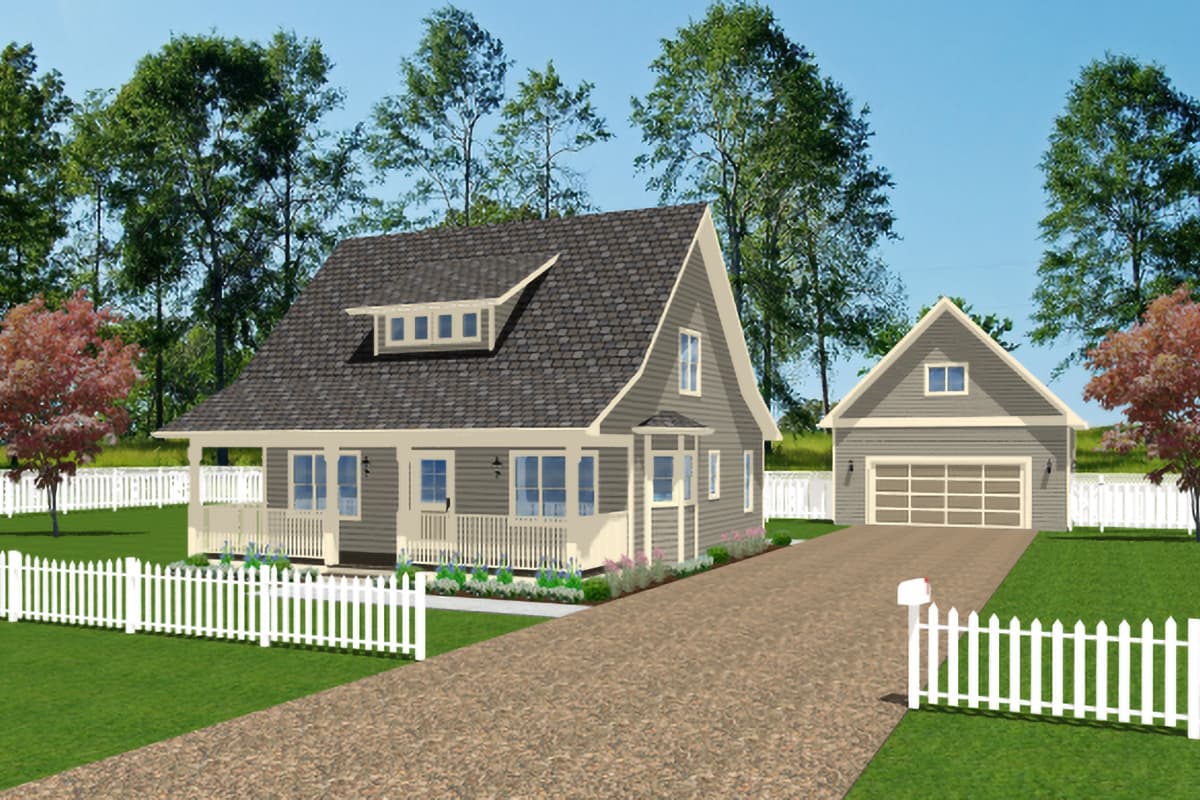House plan exterior: two-story Modern Farmhouse with front porch, dormer, and detached two-car garage.