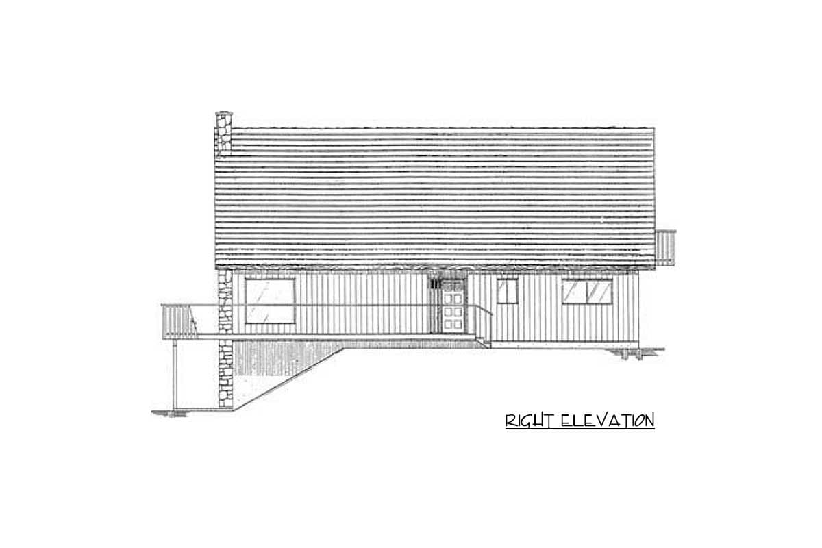 Right elevation house plan showing a single-story structure with a pitched roof, wood siding, and a stone chimney.