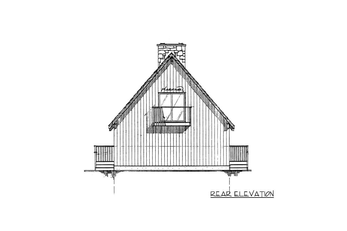 Rear elevation drawing of a house plan featuring a gable roof, dormer window, stone chimney, and side decks.