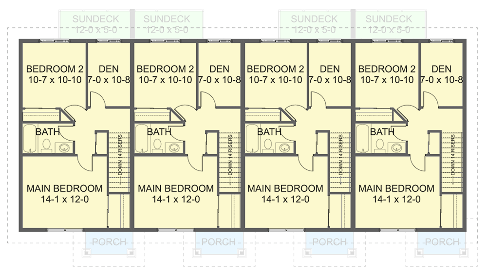 Plan 67714MG: Four-Plex with Covered Entries - 2 Bedroom Units - 1194 Sq Ft Each - Floor Plan - 2nd Floor - Modern, Northwest, Prairie, Traditional