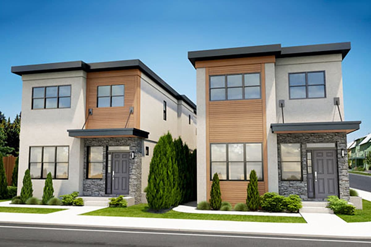 Two-story modern house plan exterior with flat roof, wood siding accents, stone entryway, and large windows.